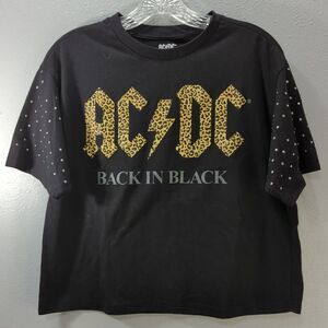 AC/DC Women's Size Large Black Studded Sleeve Leopard Print Cropped T Shirt L13‎